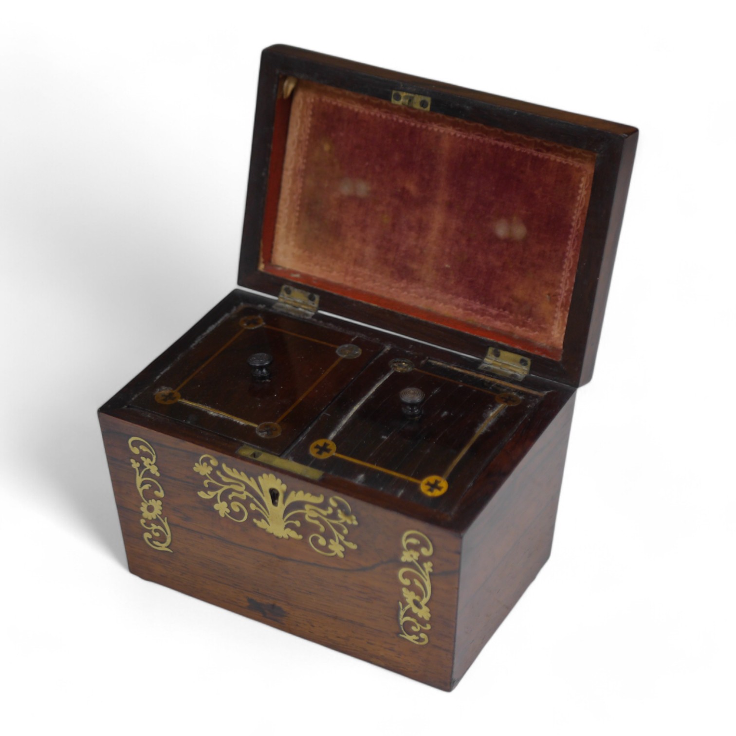 A Regency cut brass inlaid tea caddy, 15cm high. Condition - fair to good